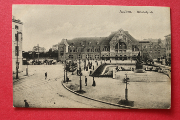 Postcard PC Aachen 1905-1915 railway station houses Tram Town architecture NRW